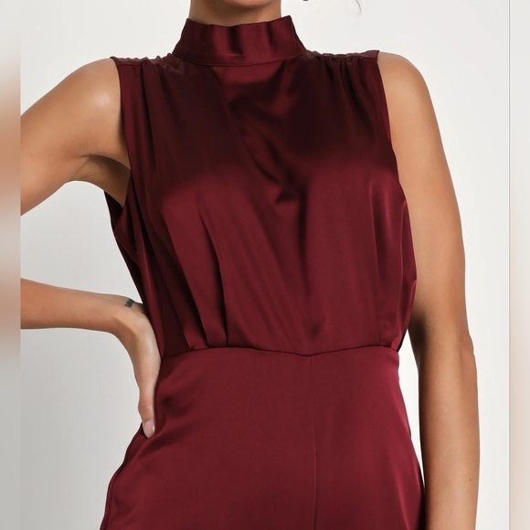 Lulus Classic Elegance Wine Red Satin Sleeveless Mock Neck Jumpsuit, Size Small - Picture 3 of 11